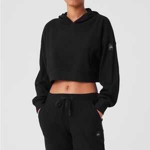 ALO Yoga Muse Black Ribbed Cropped Hoodie